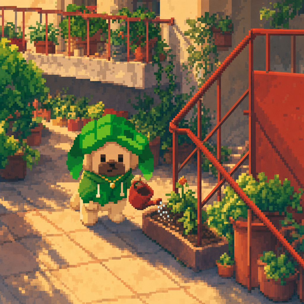 Leaf Dog watering a planter in the sunlit courtyard beside the red stair rail